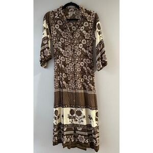 Natura Floral Midi Dress Womens‎ Brown Cream Button Front Crinkle Boho Portugal